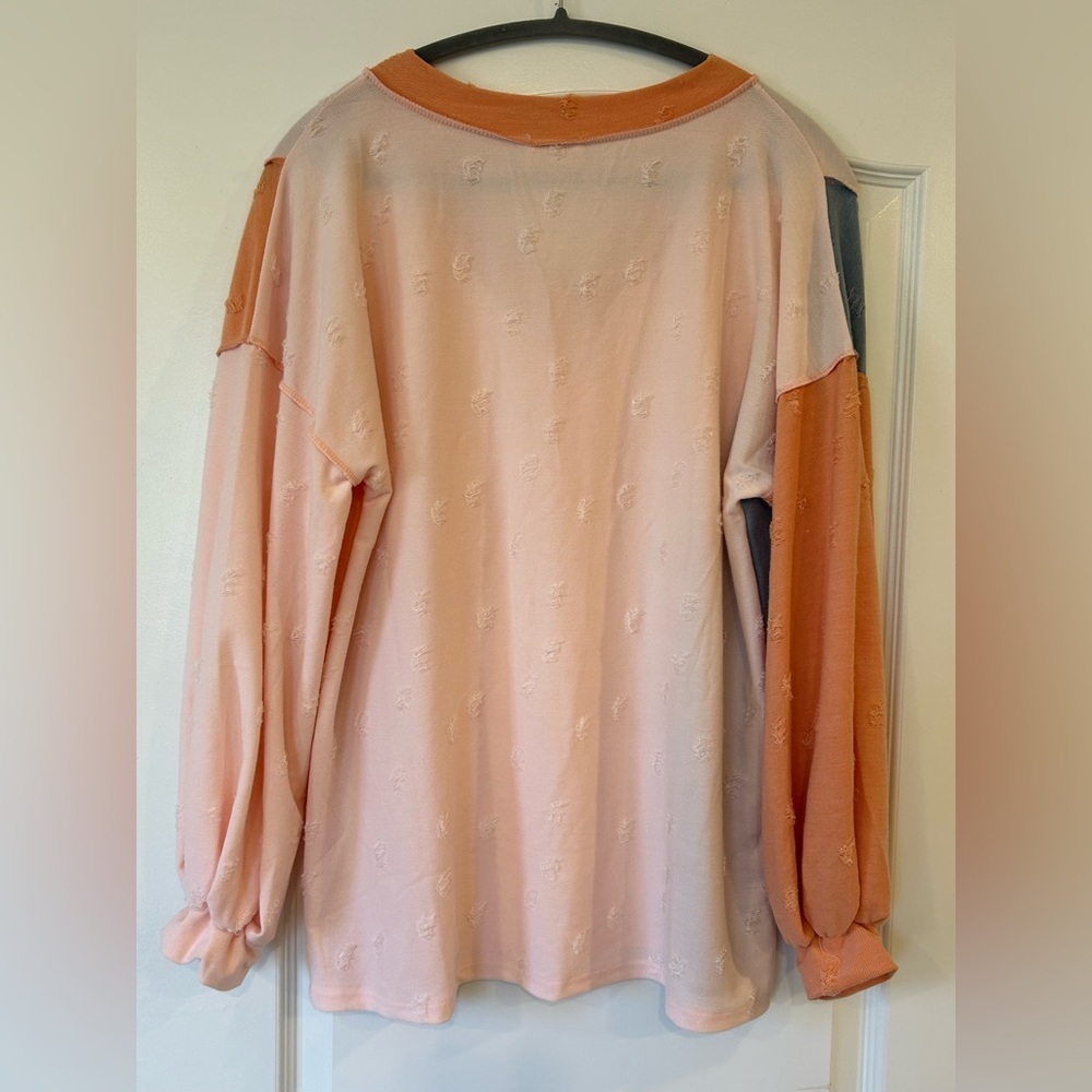 BiBi Colorblock V-Neck Pullover in Peach, Light Pink & Dusty Blue - Picture 3 of 6